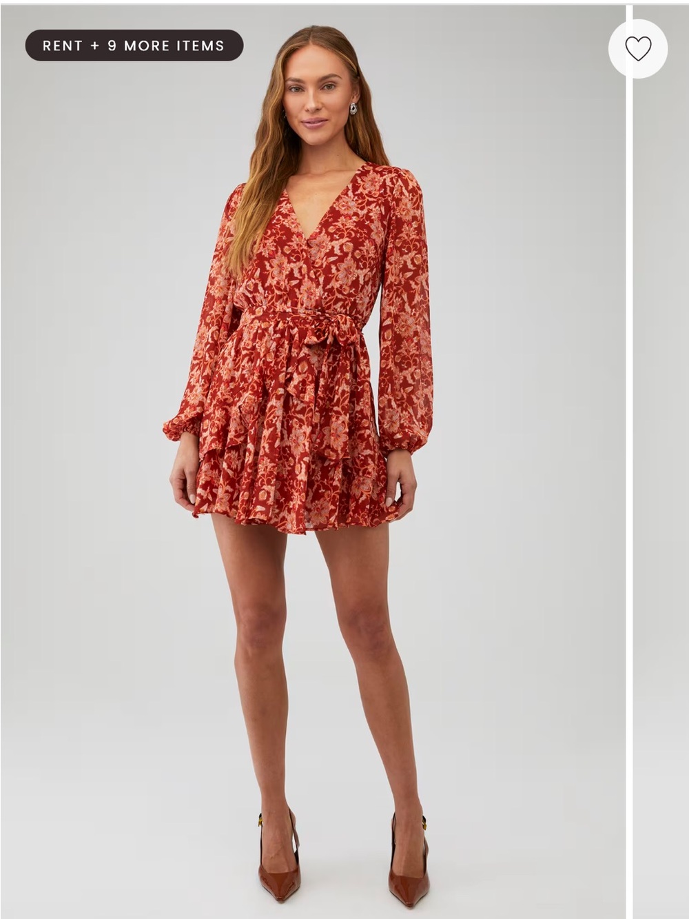MINKPINK Rust Floral V-Neck Tiered Long-Sleeve Mini Dress